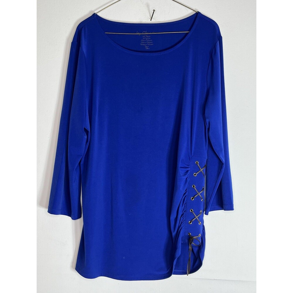 Chico's Blouse Womens 2 Blue Scoop Neck 3/4 Sleeve Lace Up Stretch Tunic Top